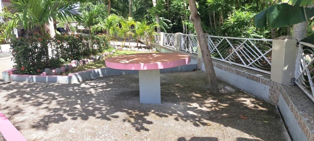 Outdoor garden area with pink round table, tropical plants and decorative railing
